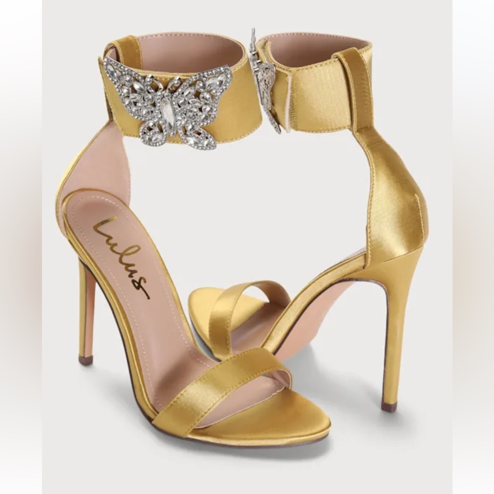 Lulus Mariahh Pear Satin Rhinestone Butterfly Ankle Strap Heels size 6.5 - Picture 5 of 7
